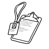 Clipboard with paper on it, employee tag on a lanyard